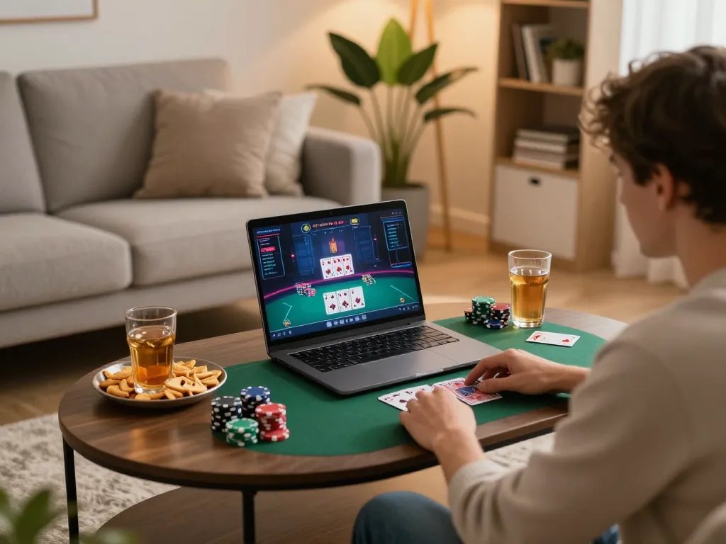 3win player engaging in online poker from the comfort of a stylish living room, showcasing modern gaming setup.