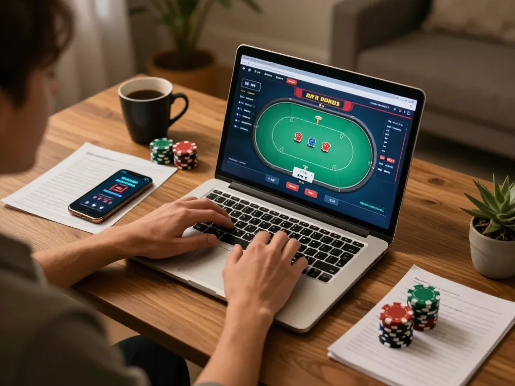 Person strategizing in the best widget store while playing online poker for a strategic gaming experience.
