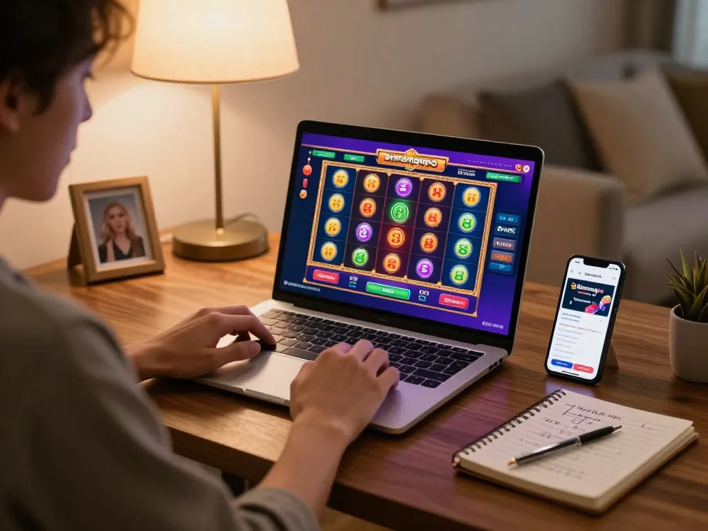 Penggemar permainan Bintangmpo berinteraksi dengan slot di laptop, menampilkan antarmuka yang berwarna-warni dan strategi taruhan