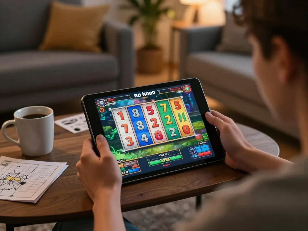 Engaged player spins no hu slots on tablet at home, showcasing a cozy gaming environment.