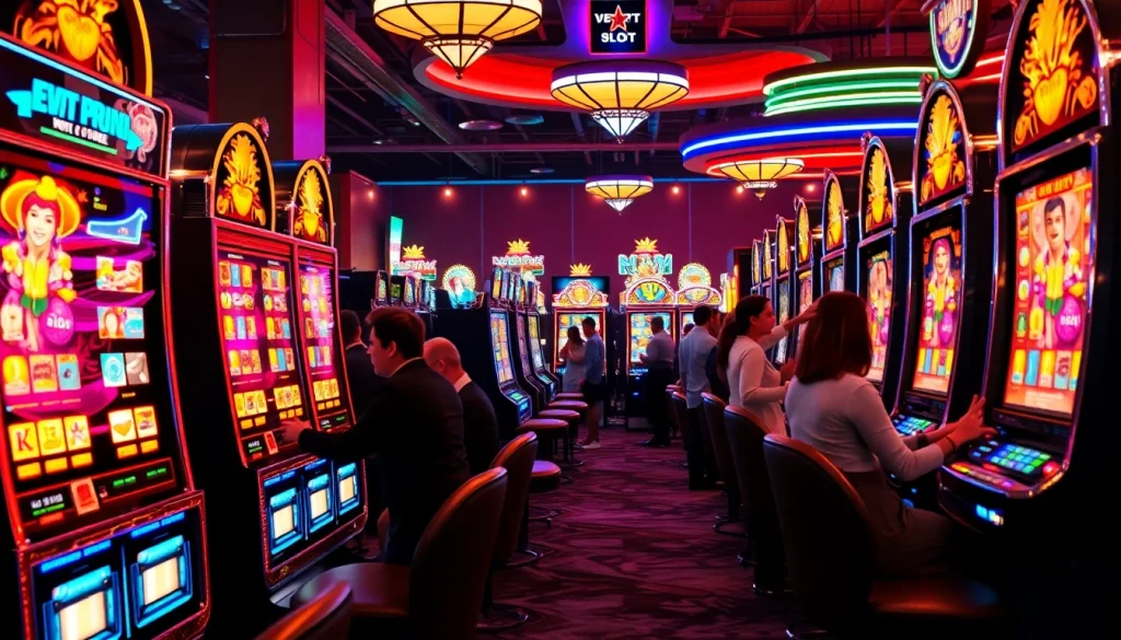 Permainan slot777 dengan mesin bersinar dan pemain antusias di kasino.