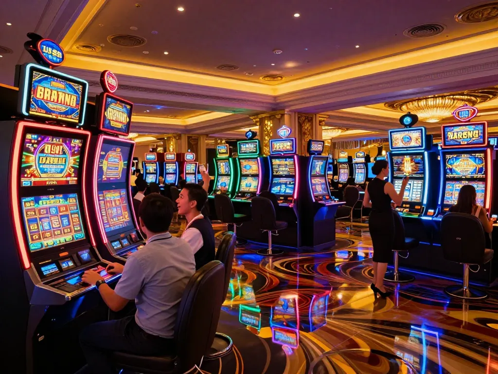 Players enjoying vibrant slot machines at lu88 casino, capturing excitement and vibrant gaming atmosphere