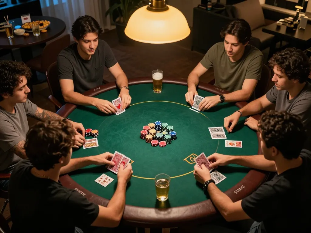 Action-packed poker game night showcasing link slot gacor strategies among friends, vibrant atmosphere.