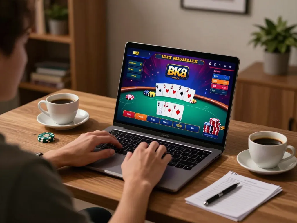 Engaging in BK8 online casino gameplay on a laptop with cozy home ambiance.