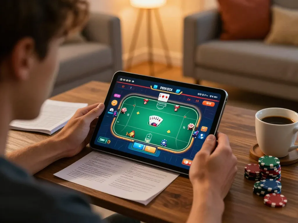 Engaging moment of a player enjoying sun win online poker, showcasing strategy notes and gaming interface.