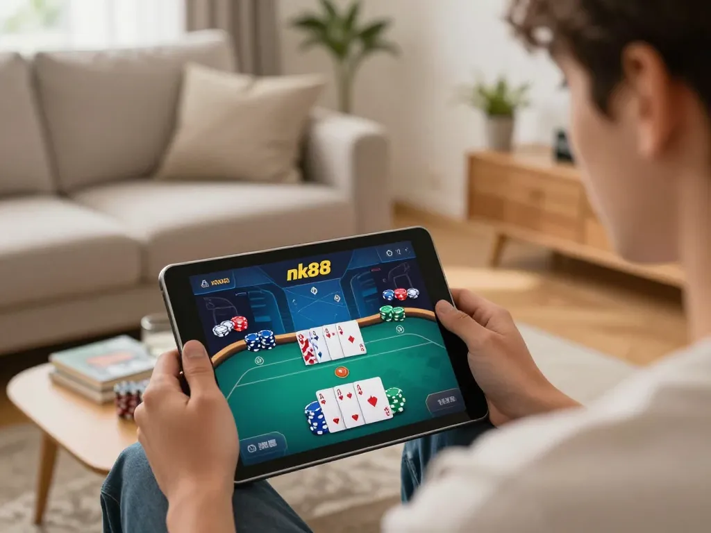 Engaging in poker gameplay on nk88 app from a cozy home setting with dynamic tablet display