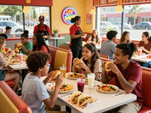 Fast food menu delights captured in a lively restaurant scene with diners enjoying burgers, tacos, and pizzas.