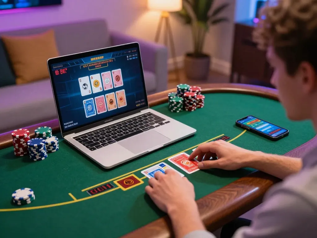 Engaged player enjoying an online gaming session at DH88 with blackjack on screen and chips ready for action