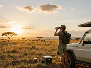 Tanzania local tour operators showing a traveler at Serengeti viewpoint, equipped for adventure and surrounded by wildlife.