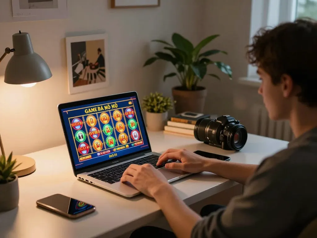 Excited player engaging in Game bài nổ hũ online with vibrant slot reels displayed on the laptop screen.