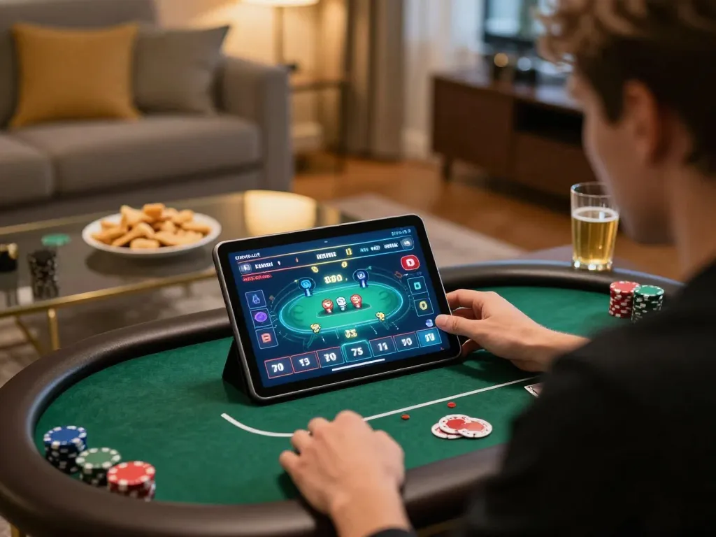 Player engaged in poker game on tablet at home, showcasing 78wingo's online gambling experience.