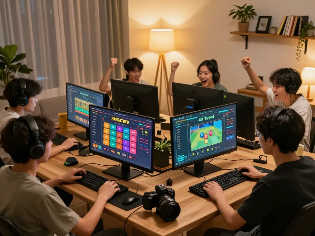 A dynamic online gambling scene with players enjoying HARGATOTO 4D Togel on their devices, showcasing excitement in a cozy home.