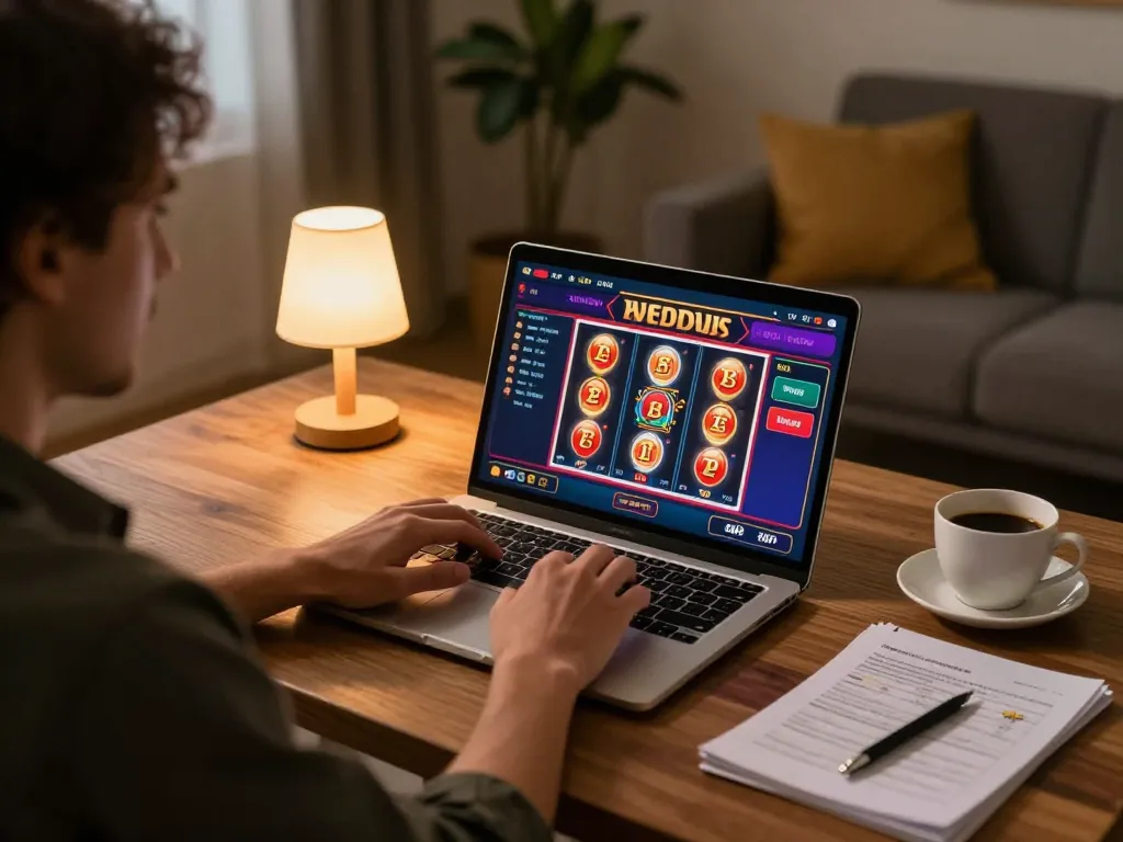Engaging player exploring situs gacor gaming options on a laptop at home.