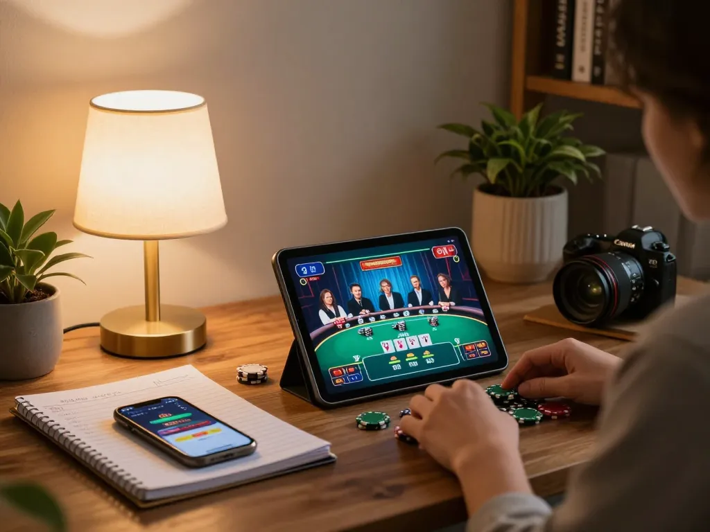 Player using LC88 online casino on a tablet at home, showcasing strategic notes and a casino app.