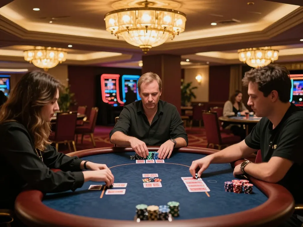 LUCK8 players strategizing at poker table in a luxurious casino environment