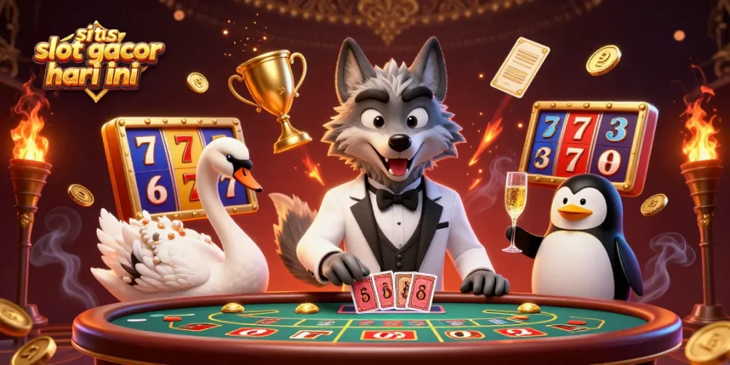 Gairahkan semangat dengan situs slot gacor hari ini, menampilkan adegan kasino 3D yang cerah dengan karakter yang playful dan elemen permainan yang dinamis.