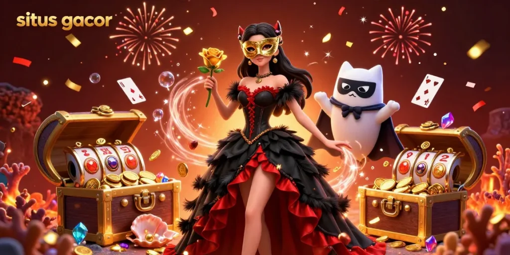 Win big with situs gacor exploring vibrant casino-themed 3D digital art packed with gold coins and slot reels.