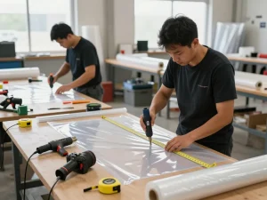 Dịch vụ bóc ép plastic in a busy workshop with technicians applying heat to plastic sheets.