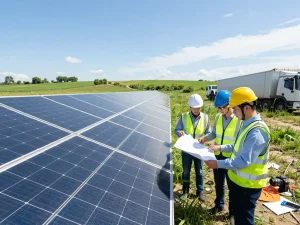 Engineers collaborating on solar energy system, demonstrating global power solutions in action.