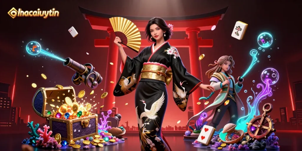 Experience thrilling bets at nhacaiuytin with an elegant Asian woman in a vibrant casino scene.