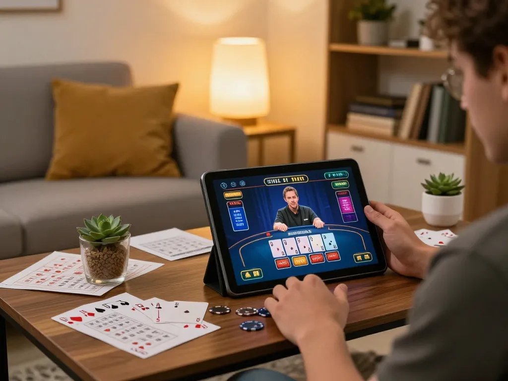 Engaged player using tablet for sc88 live dealer blackjack in cozy home setting