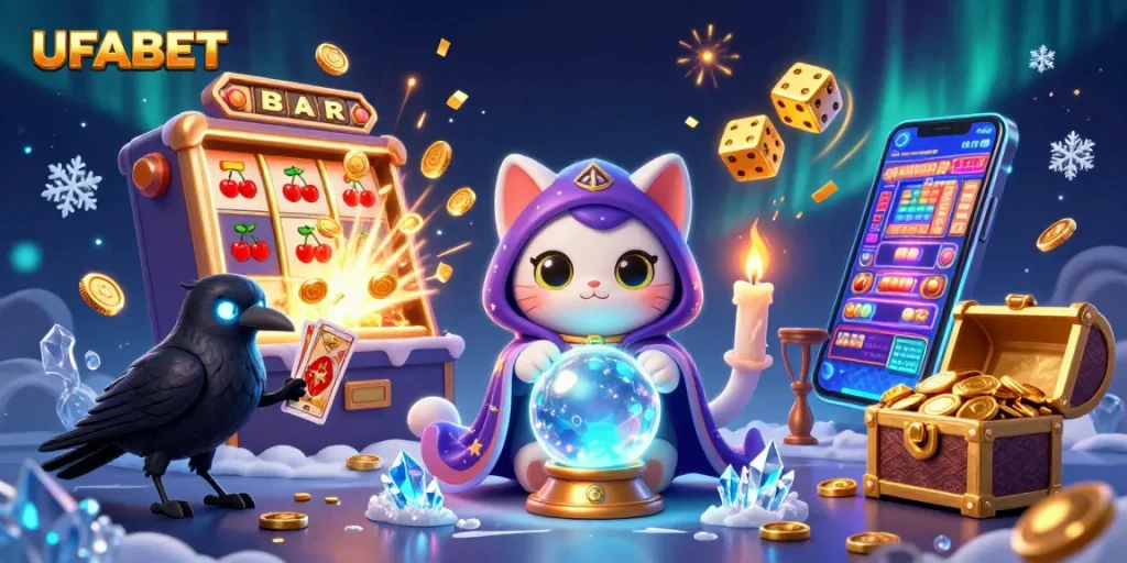 Experience the energetic UFABET gambling scene with a mystic cat, raven, and jackpot excitement.