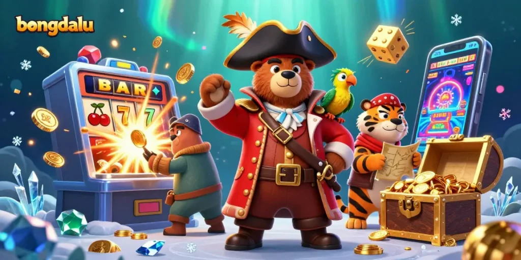 Bongdalu showcases a vibrant pirate-themed digital casino scene with characters navigating a treasure of luck.