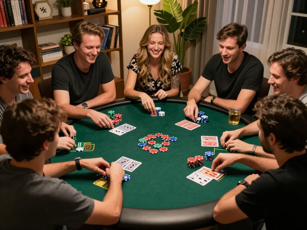 Friends enjoy a poker night at home while gambling on Jun88 with vibrant chips and cards.