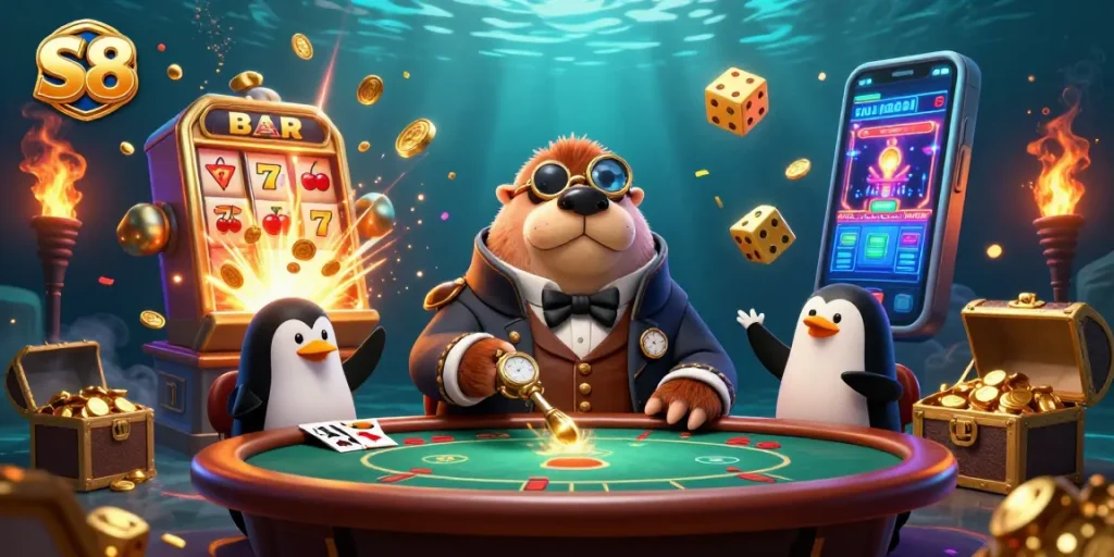 Experience S8's vibrant casino world with the jolly walrus and friends at a lively poker game under the sea.
