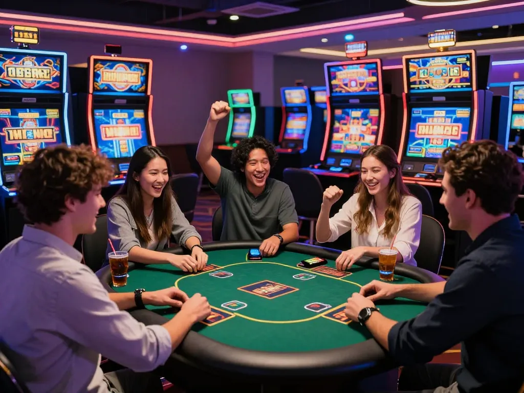 Friends enjoying MM88 online casino games in a vibrant, neon-lit environment.