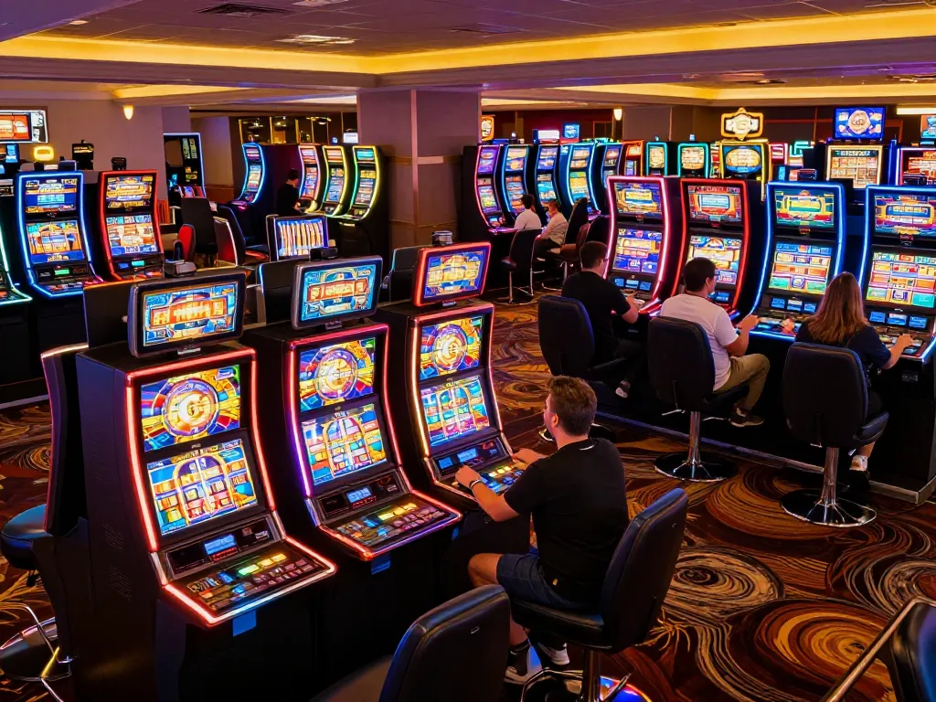 Engaging players enjoying slot games amid a lively casino atmosphere with vibrant machines.