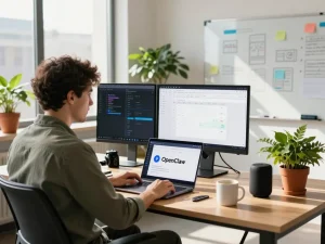Software developer using OpenClaw AI assistant for task automation in modern workspace
