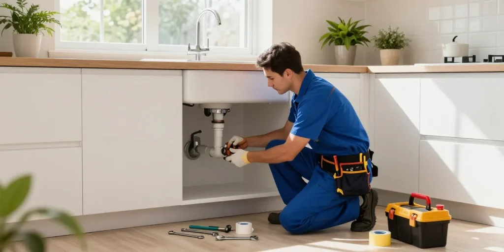 Experienced plumber fixing a leak under the sink, showcasing plumbing services near me.