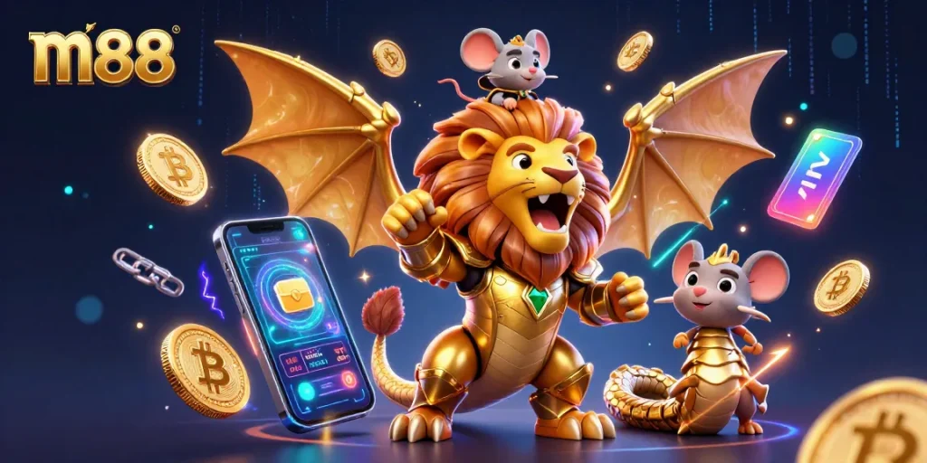 m88 offers thrilling gaming opportunities with a golden chimera and cryptocurrency graphics in an engaging casino scene.