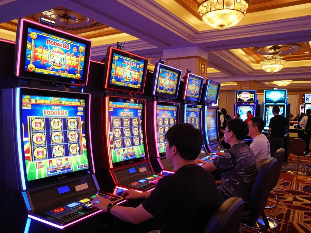 Engaged players enjoying the excitement of rokok88 slot gameplay amidst vibrant casino atmosphere.