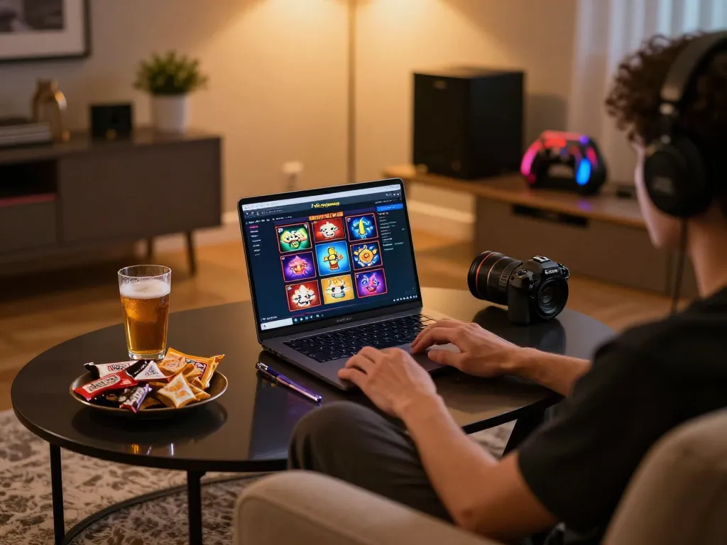 Engaging in Slot Gacor Dewagg online slot gaming from a stylish setup in a cozy living room.