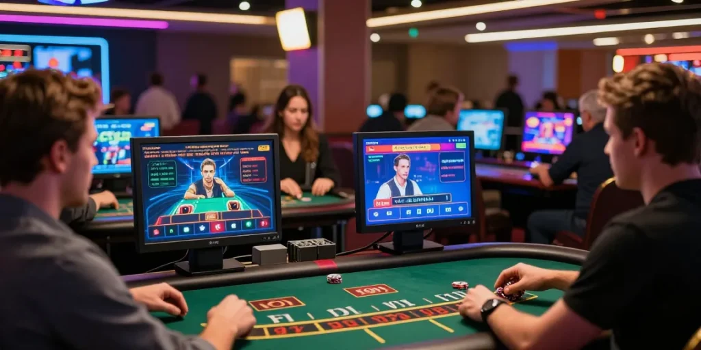 Des joueurs interagissant avec l'interface de jeu d'un casino en ligne fiable, célébrant des gains dans un cadre de casino en ligne vibrant.