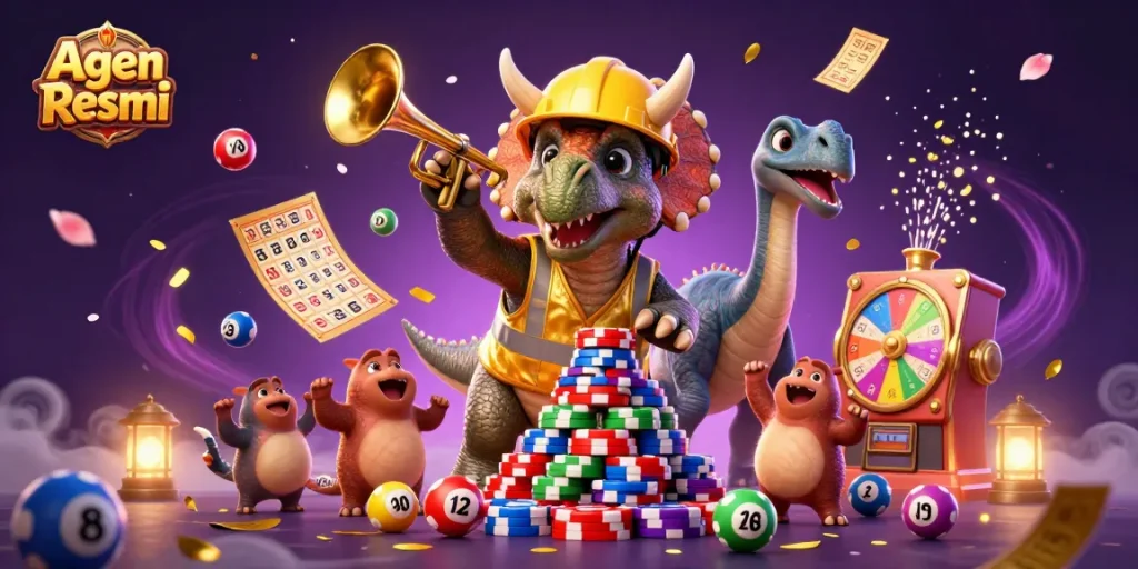 Experience Agen Resmi gameplay with dynamic characters celebrating casino wins in a vibrant 3D illustration.