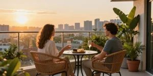 Stylish balcony patio furniture with a couple enjoying wine and cheese at sunset.