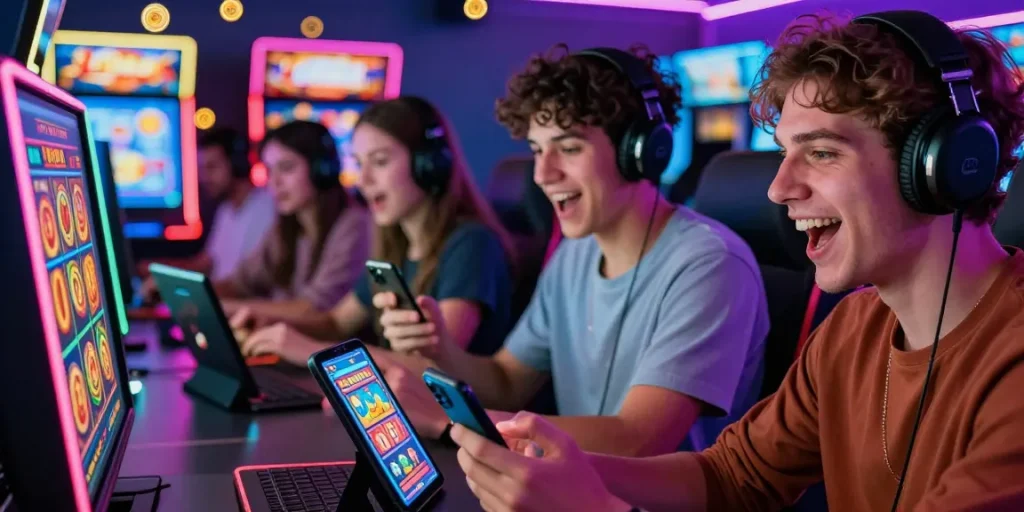 Players enjoying deposit pulsa tanpa potongan on various devices, showcasing excitement in a vibrant online gaming setting.