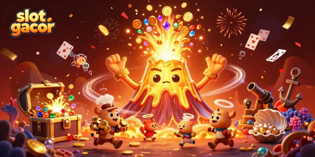 Experience excitement with slot gacor as golden volcanoes erupt treasures in this vibrant casino scene.