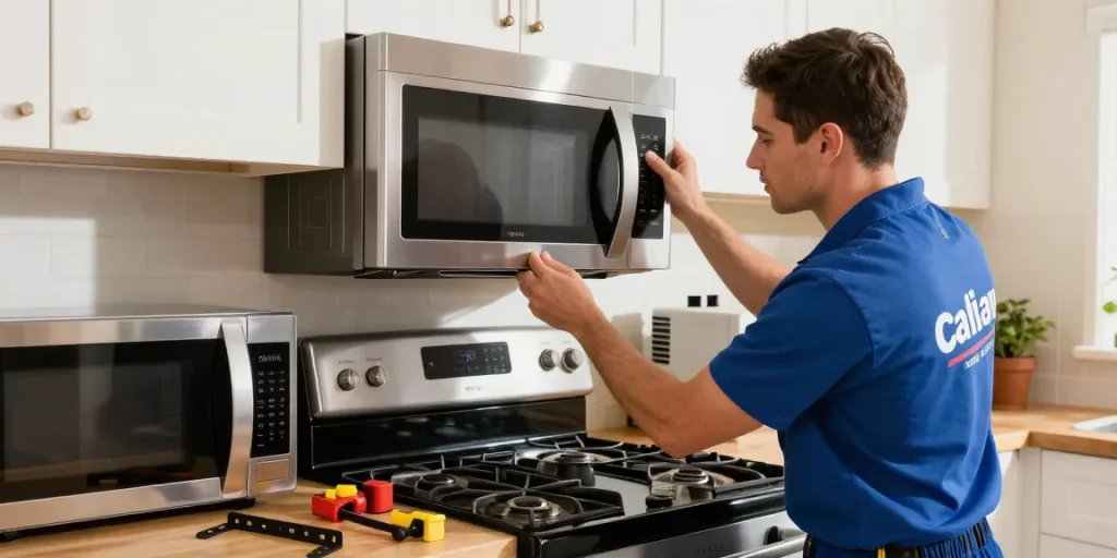 Microwave installation in a bright kitchen, highlighting professional expertise.