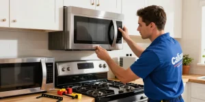 Microwave installation in a bright kitchen, highlighting professional expertise.