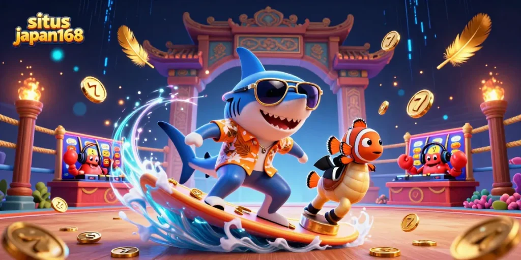 Engage with dynamic entertainment at situs japan168 featuring a cartoon shark surfing on gold coins amidst vibrant gambling icons.