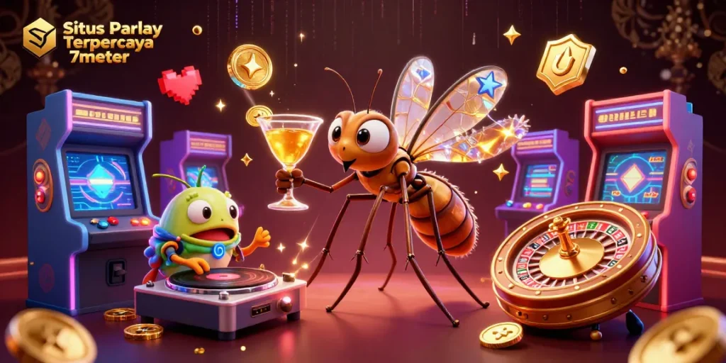 Situs Parlay Terpercaya 7meter engages fans with dynamic visuals of a casino-themed scene featuring cartoon characters.