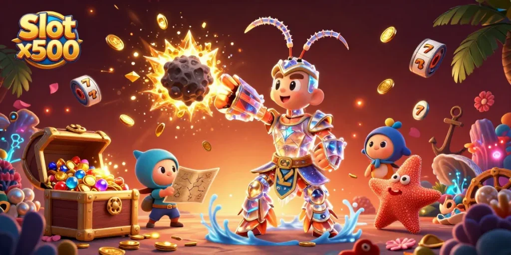 Experience the excitement of Slot x500 with a vibrant 3D illustration featuring a galactic samurai mantis shrimp.
