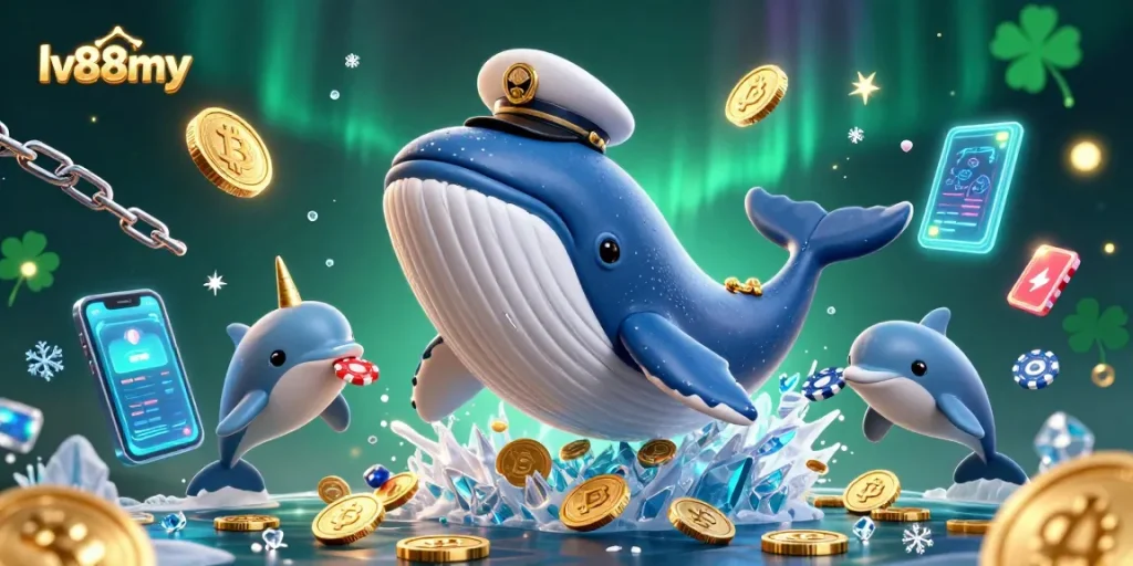 Experience thrilling gaming at lv88my with playful dolphins and a majestic whale breaching through a sea of coins.