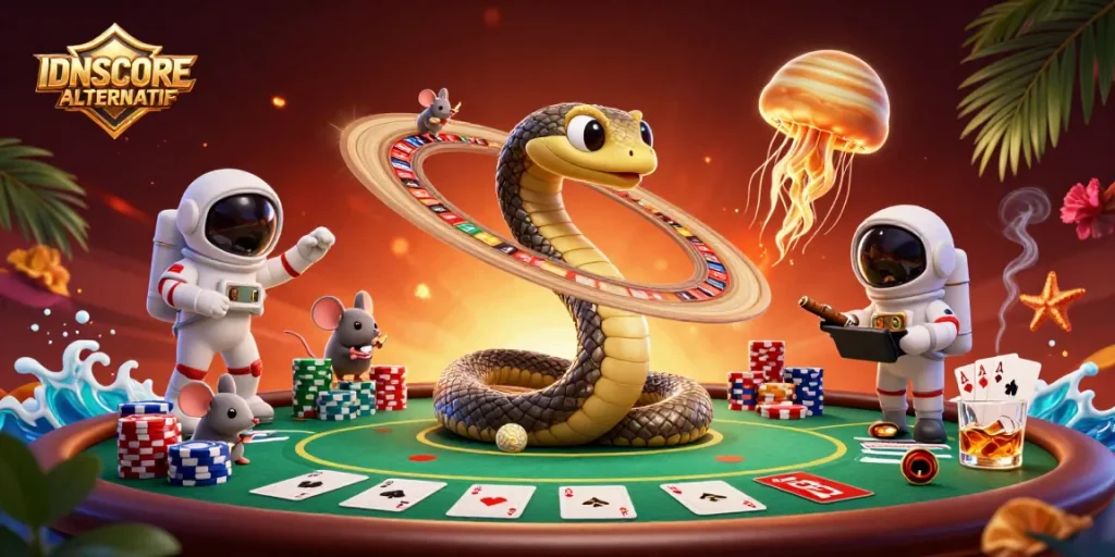 Experience the thrill of IDNSCORE ALTERNATIF as astronaut mice place bets around a vibrant roulette wheel in a cosmic casino.