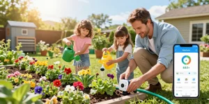 Family setting up a rainpoint wifi water timer in their vibrant garden, showcasing modern irrigation.