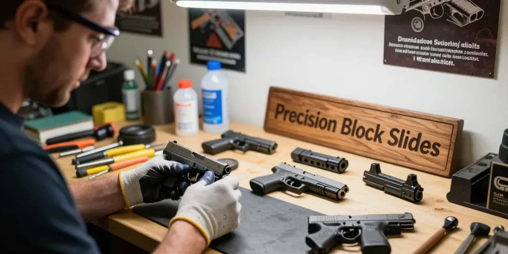 Custom Glock slide installation at https://precisionglockslides.com with precision tools and expert craftsmanship.